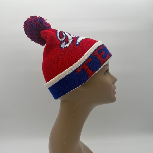 Texas Knit Pom Beanie Hat Red Blue Cuffed Winter Acrylic One Size Unisex Warm - Picture 4 of 7